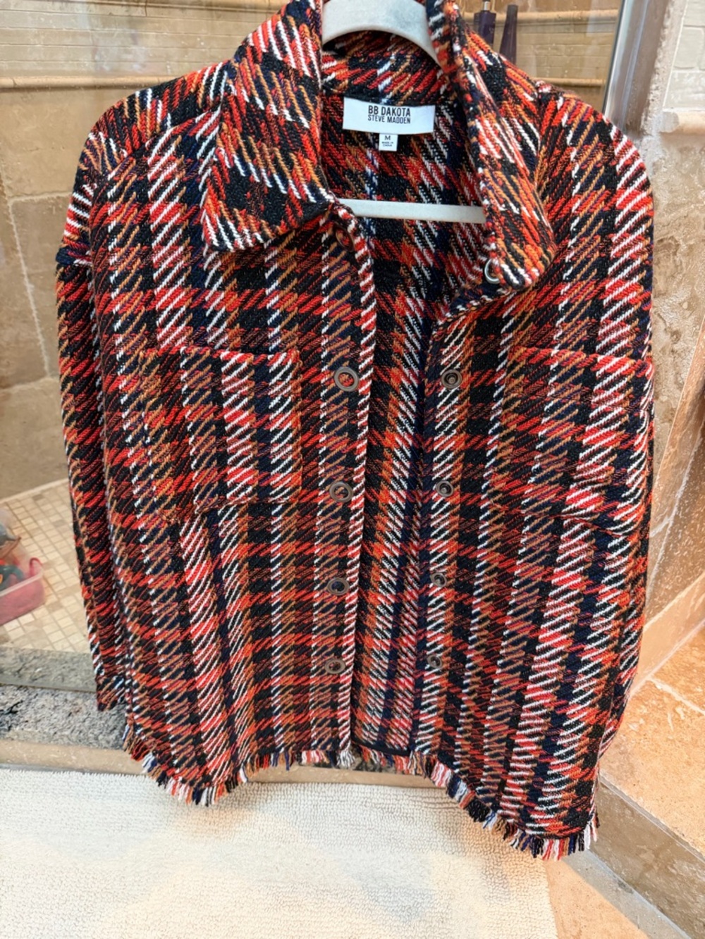 BB Dakota Mixed Plaid Fringe Jacket in Red Black Cream